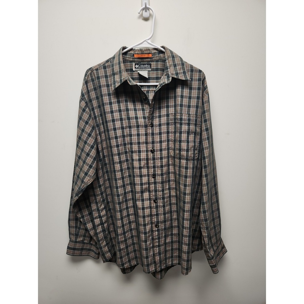 Columbia XCO Green Brown Long Sleeve Button Down Shirt Mens L Long Sleeve Casual
